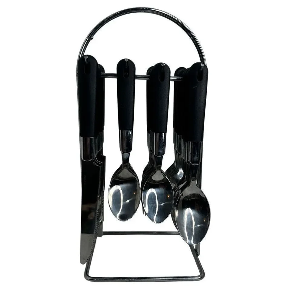 Hanging Cutlery Set 32 Piece NOT 16 Stainless Steel Black Glossy Plastic Handles